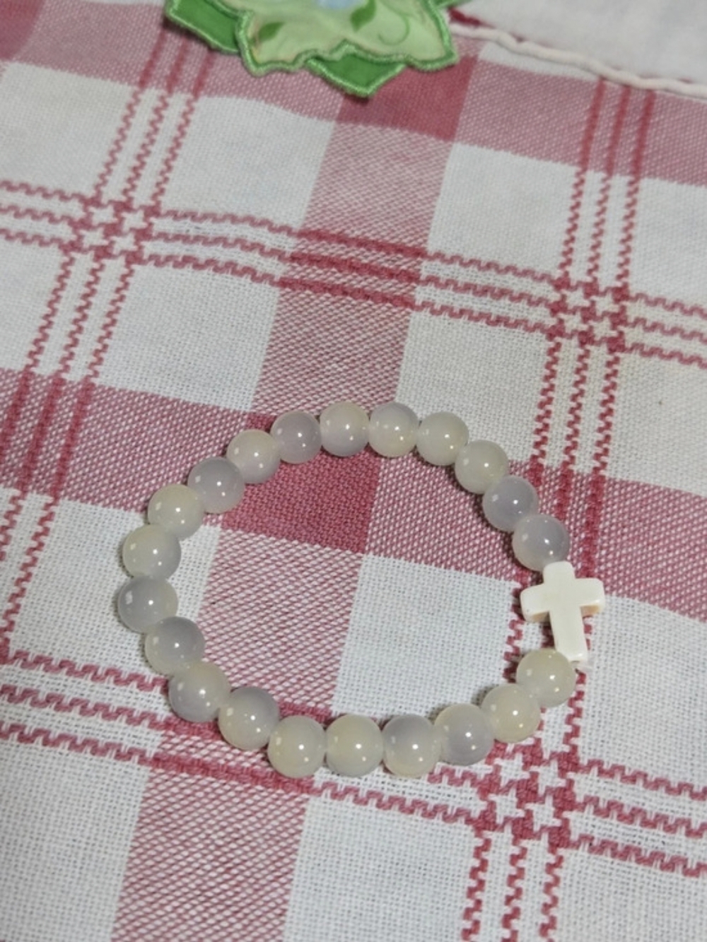 White And Gray Beaded Cross Bracelet Like New